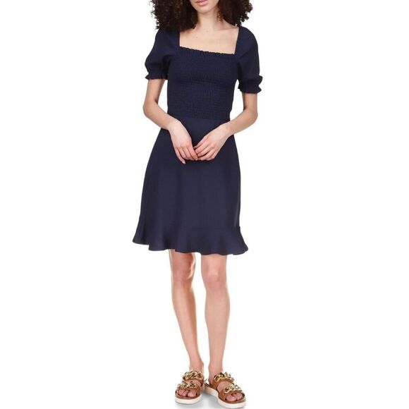 MICHAEL Michael SZ SM Kors Midnight Blue Smocked Ruffle Hem Dress Mature Preppy - Picture 1 of 7